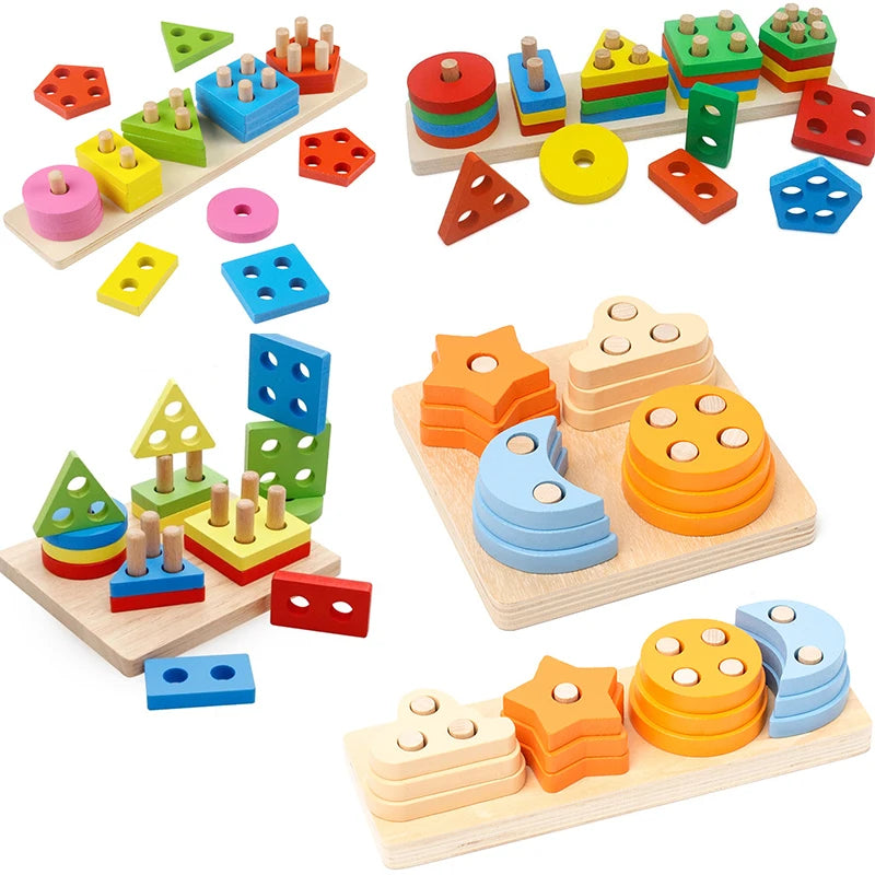 Jouets éducatifs Montessori en bois / Trieur de formes et de couleurs pour bébés 1–2 ans / Blocs puzzle / Empilage de grandes formes géométriques / Jouet pour tout-petits