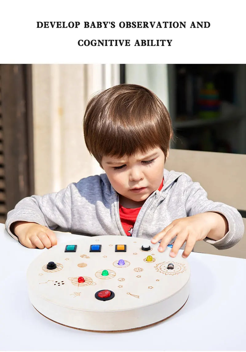 Montessori Busy Board Jouets mentaires oriels en bois avec interrupteur à lumière LED, Tableau de commande, Activités de voyage, Jeux pour enfants, 2-4 ans