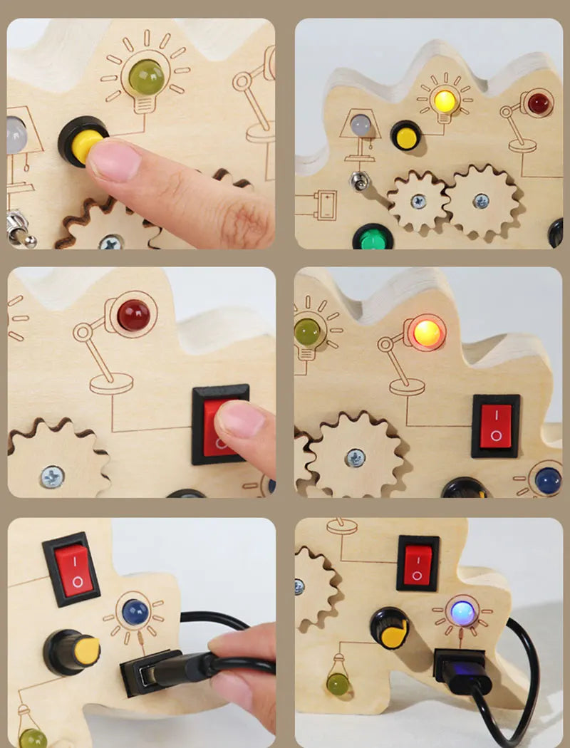 Montessori Busy Board Jouets mentaires oriels en bois avec interrupteur à lumière LED, Tableau de commande, Activités de voyage, Jeux pour enfants, 2-4 ans