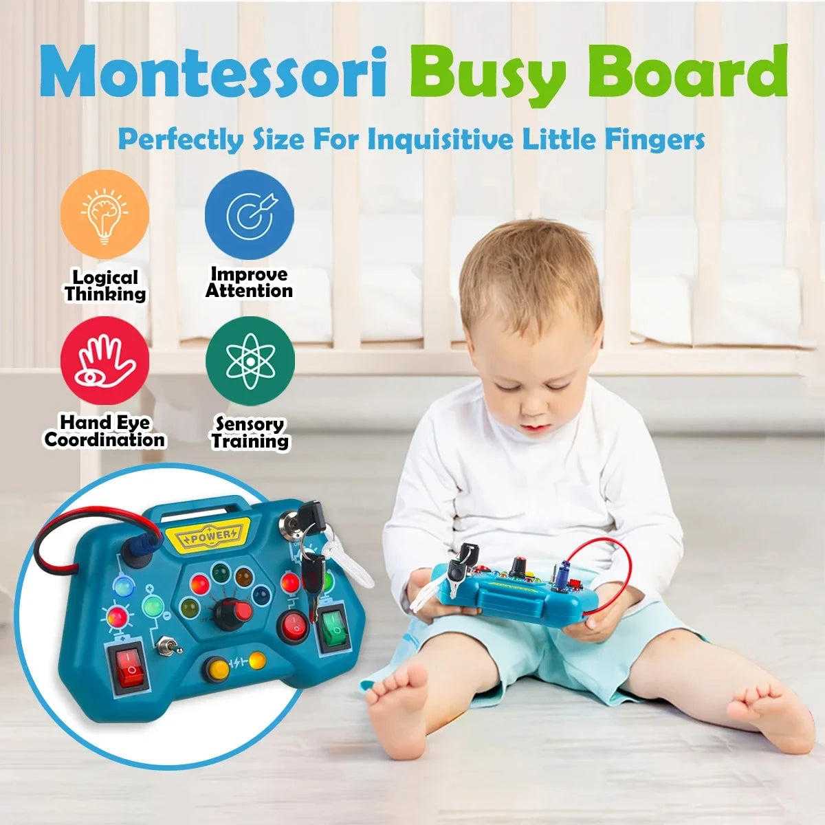Busy Board Montessori avec interrupteurs et lumières LED / Jouet sensoriel portable / Puzzle électrique éducatif / Pour tout-petits / Idée cadeau