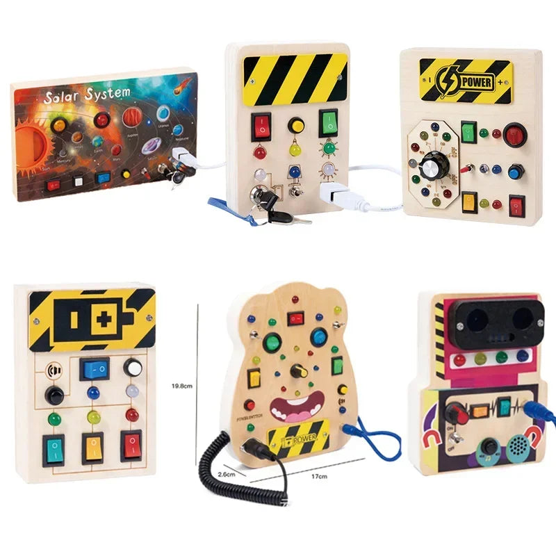 Planche d’activités Montessori / Circuit LED avec prise et interrupteur ON/OFF / Développement de la motricité fine et des capacités cognitives / Jouet éducatif pour bébés / Idée cadeau Busy Board