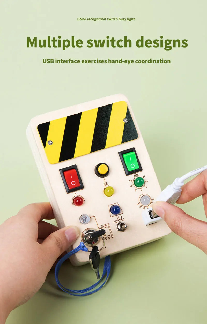 Montessori Busy Board Jouets mentaires oriels en bois avec interrupteur à lumière LED, Tableau de commande, Activités de voyage, Jeux pour enfants, 2-4 ans