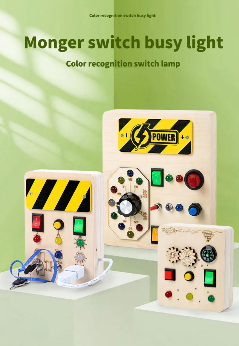 Montessori Busy Board Jouets mentaires oriels en bois avec interrupteur à lumière LED, Tableau de commande, Activités de voyage, Jeux pour enfants, 2-4 ans