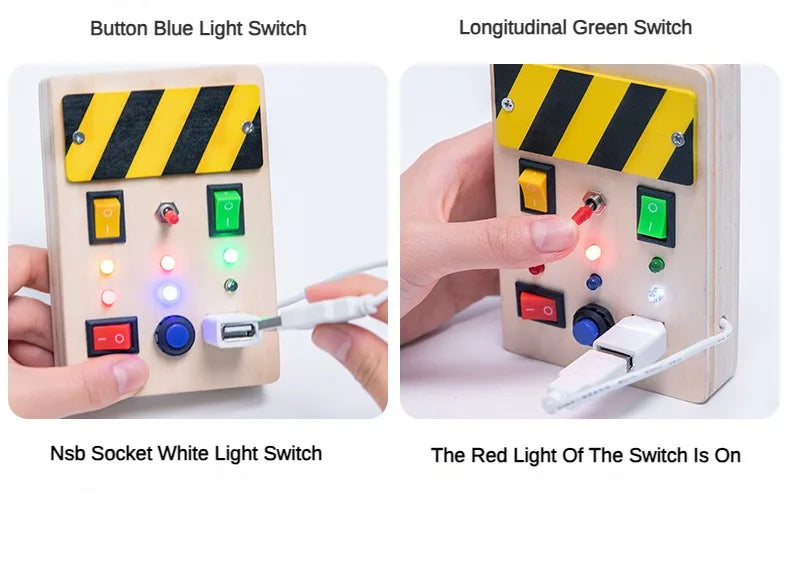Planche d’activités Montessori / Circuit LED avec prise et interrupteur ON/OFF / Développement de la motricité fine et des capacités cognitives / Jouet éducatif pour bébés / Idée cadeau Busy Board