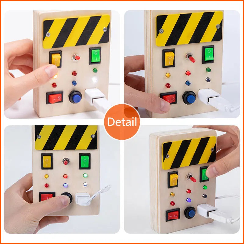 Montessori Busy Board Jouets mentaires oriels en bois avec interrupteur à lumière LED, Tableau de commande, Activités de voyage, Jeux pour enfants, 2-4 ans