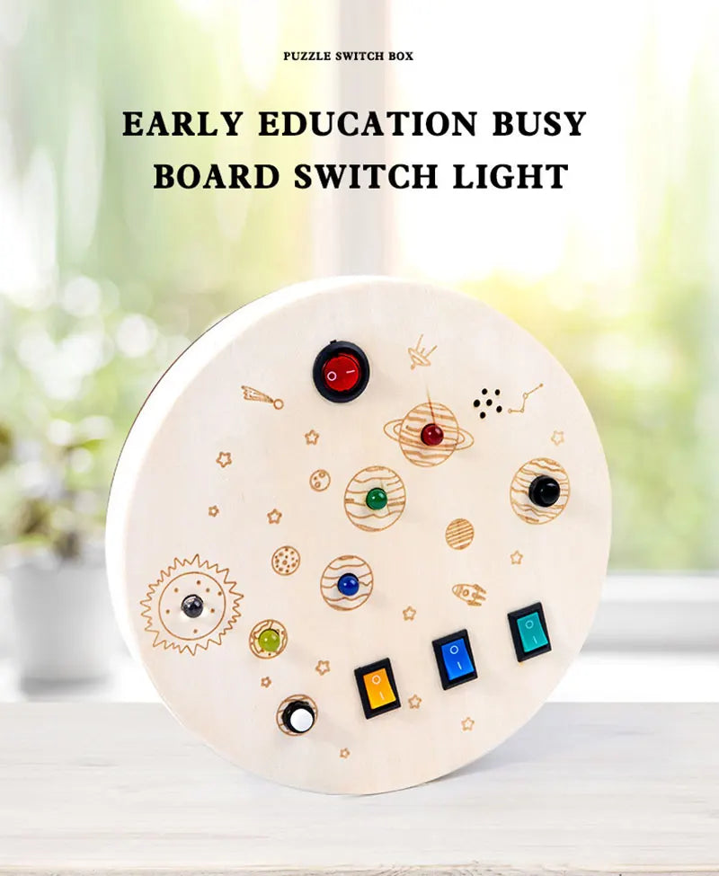 Montessori Busy Board Jouets mentaires oriels en bois avec interrupteur à lumière LED, Tableau de commande, Activités de voyage, Jeux pour enfants, 2-4 ans