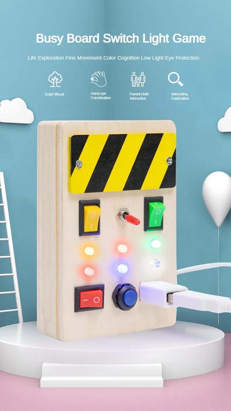 Planche d’activités Montessori / Circuit LED avec prise et interrupteur ON/OFF / Développement de la motricité fine et des capacités cognitives / Jouet éducatif pour bébés / Idée cadeau Busy Board