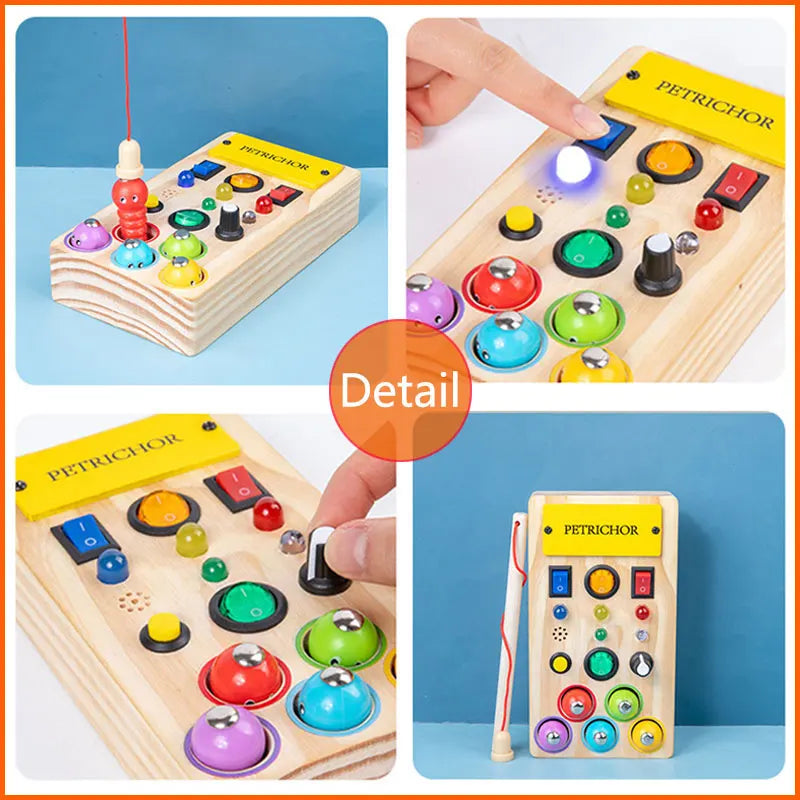 Montessori Busy Board Jouets mentaires oriels en bois avec interrupteur à lumière LED, Tableau de commande, Activités de voyage, Jeux pour enfants, 2-4 ans