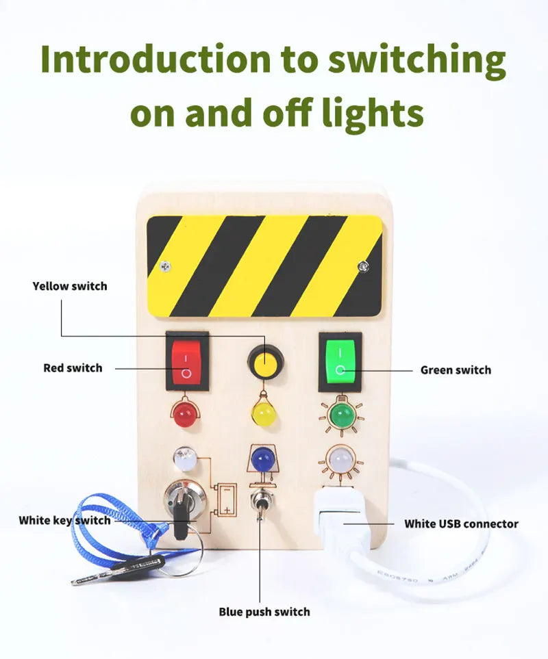 Montessori Busy Board Jouets mentaires oriels en bois avec interrupteur à lumière LED, Tableau de commande, Activités de voyage, Jeux pour enfants, 2-4 ans