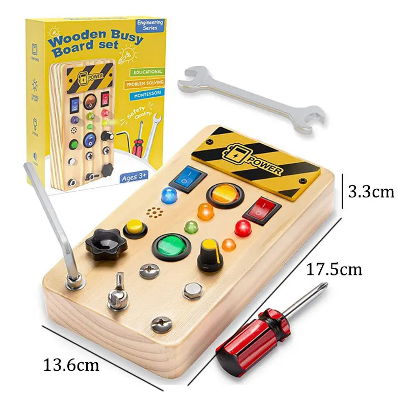 Montessori Busy Board Jouets mentaires oriels en bois avec interrupteur à lumière LED, Tableau de commande, Activités de voyage, Jeux pour enfants, 2-4 ans