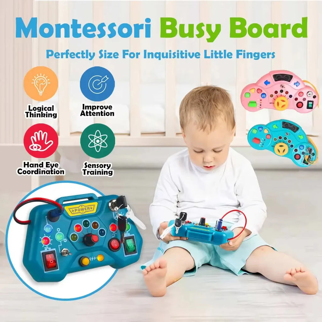 Busy Board Montessori avec interrupteurs et lumières LED / Jouet sensoriel portable / Puzzle électrique éducatif / Pour tout-petits / Idée cadeau